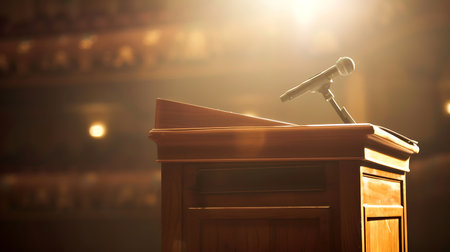 Podium with microphones in conference hall or seminar room, selective focusの素材