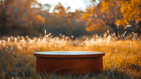 Empty round wooden table in autumn park. Mock up, 3D Renderingの素材