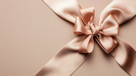 close up of  a pink satin ribbon bow on beige backgroundの素材