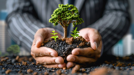 Close up of businessman hands holding small tree in soil as a symbol of nature protectionの素材
