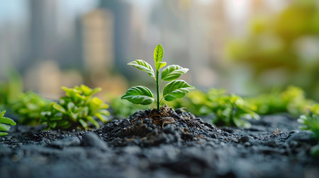 Young green plant growing from soil on blurred city background, Ecology conceptの素材