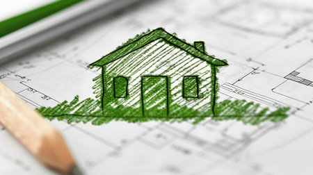 Drawing of a house with a pencil on a technical drawing.の素材