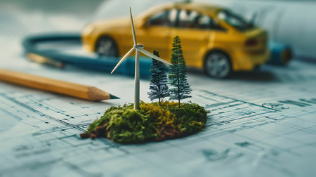 Miniature model of wind turbine on blueprint. Renewable energy conceptの素材
