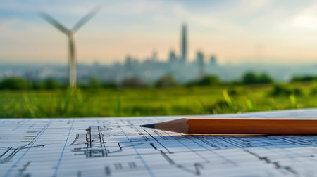 Architectural blueprints with pencil and wind turbines in the backgroundの素材