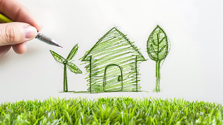 Hand drawing a house with a pencil on green grass. Eco conceptの素材
