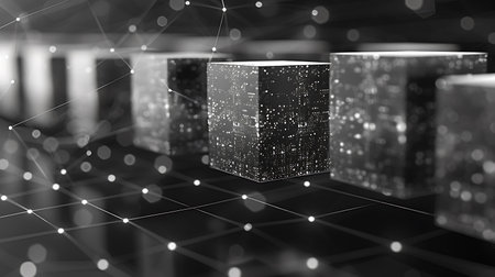 Black and white 3d rendering of cubes with binary code on dark backgroundの素材