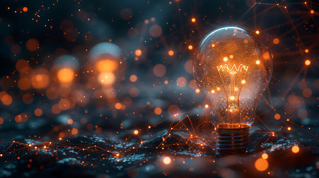 Glowing light bulb on abstract background with connection lines and dots. 3D renderingの素材