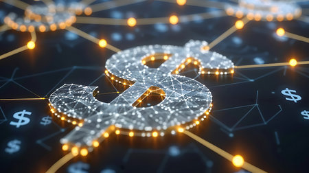 3d rendering of dollar sign on network background. Cryptocurrency conceptの素材