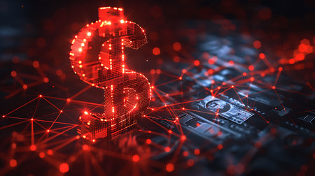 3D rendering of digital dollar sign on computer circuit board. Cryptocurrency and finance concept.の素材