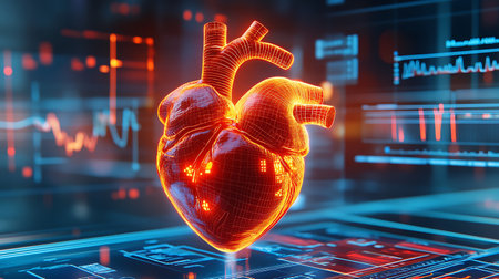 Human heart on computer screen. 3d rendering toned image double exposureの素材