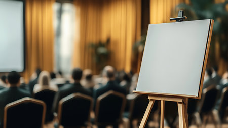 Blank white canvas on stand in conference hall. Presentation concept.の素材