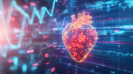 3d rendering of human heart and stock market data on blue backgroundの素材