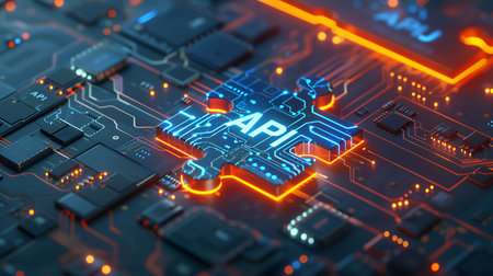Abstract 3d rendering of circuit board with AI programming language. Artificial intelligence concept.の素材