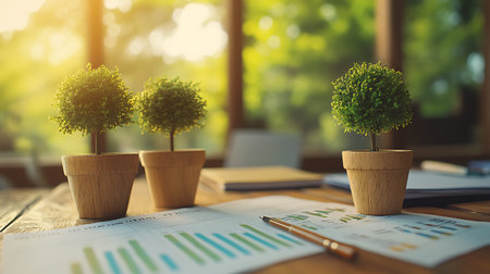 Business graph and chart with tree on wooden table, Business growth conceptの素材