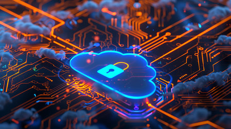 Cyber security concept. Cloud with padlock on circuit board. 3d renderingの素材