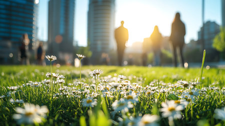 Lawn with daisies and people silhouettes on the backgroundの素材