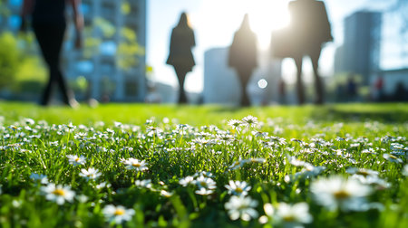 Daisies on the grass in the city park at sunset.の素材