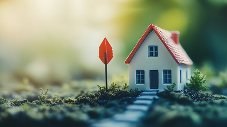 Miniature house on green moss background. Concept of real estate.の素材