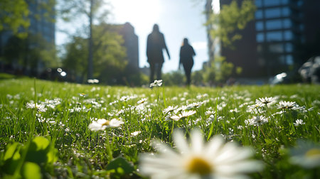 Daisies in a meadow with people silhouettes in the backgroundの素材