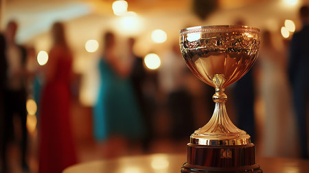 Golden trophy cup on table with blurred people in background, closeupの素材