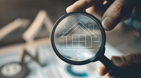Real estate agent using a magnifying glass to examine a home modelの素材