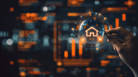 Close up of businessman hand using magnifying glass with house icon on virtual screenの素材