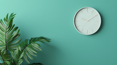 3d rendering of a white clock on a green wall with tropical leavesの素材