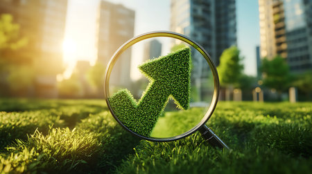 Magnifying glass with green growing arrow in city park. Business growth conceptの素材