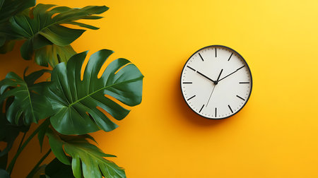 Clock and monstera leaves on yellow background. Flat lay style.の素材