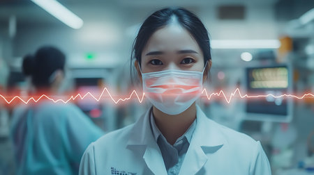 Portrait of a young female doctor wearing a mask in a hospital.の素材