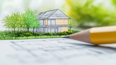 Architectural drawing of a house with a pencil and green treesの素材