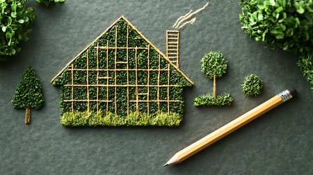 Miniature house made of grass and pencil on blackboard background.の素材
