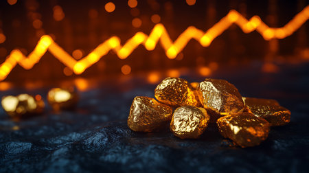 Gold nuggets on dark background with bokeh. 3d illustrationの素材