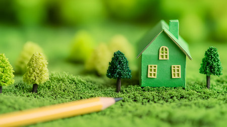 Miniature green house and trees on green grass background. Real estate concept.の素材