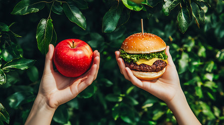 Hands holding hamburger and red apple on green leaves background.の素材