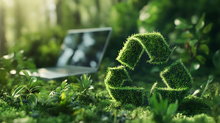 Concept of ecology with green house made of grass and laptop in the forestの素材