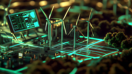 Wind turbines on a futuristic circuit board. 3d rendering toned imageの素材