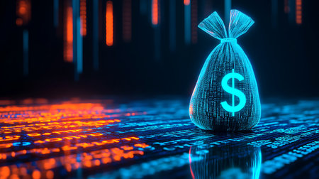 Money bag with dollar sign on a binary code background. 3D Renderingの素材