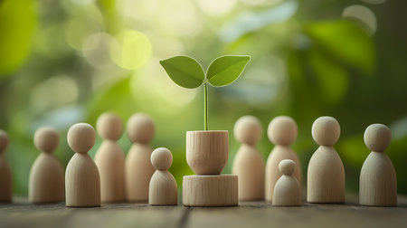 Wooden figures of people and a sprout on a wooden table.の素材