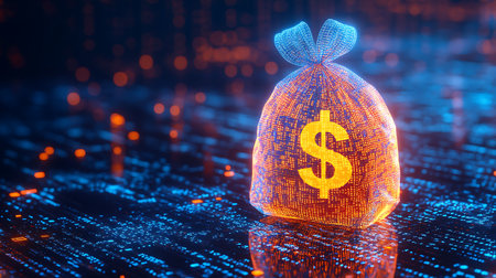 Money bag with dollar sign on a digital background. 3d illustrationの素材