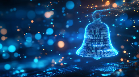 Digital binary code hologram on blue bokeh background 3D renderingの素材