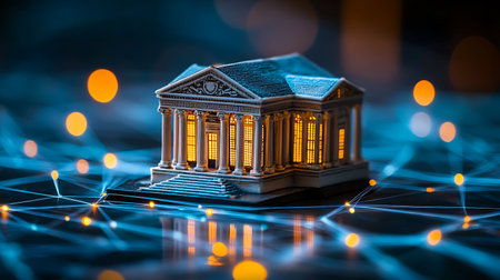 Bank building on the digital background with bokeh lights. 3d illustrationの素材