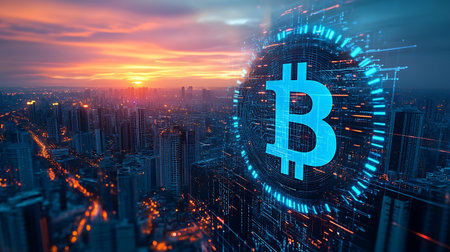 Bitcoin hologram over night city background. Cryptocurrency and finance concept. 3D Renderingの素材