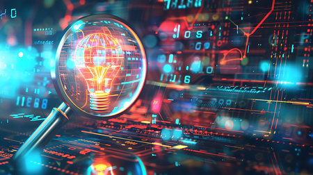 Glowing light bulb and magnifying glass over binary code background. 3D renderingの素材