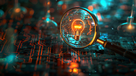 Magnifying glass and glowing light bulb on digital background 3D renderingの素材