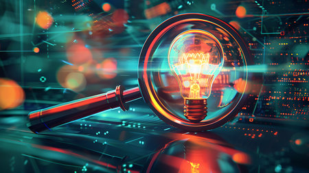 Magnifying glass and glowing light bulb on abstract background. Idea concept. 3D Renderingの素材