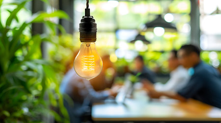 Light bulb in coffee shop with blurred people in background, Business conceptの素材
