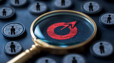 Magnifying glass with a red arrow pointing to a male symbol on a black background.の素材