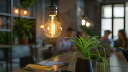 Close up of a glowing lightbulb in a cafe. Selective focus.の素材
