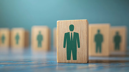 Wooden blocks with the image of a man icon. The concept of human resources management and recruitment.の素材